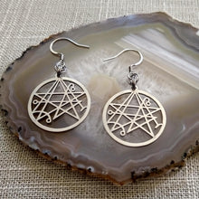 Load image into Gallery viewer, Necronomicon Earrings, HP Lovecraft Dangle Drop Earrings, Machine Cut Stainless Steel Charms

