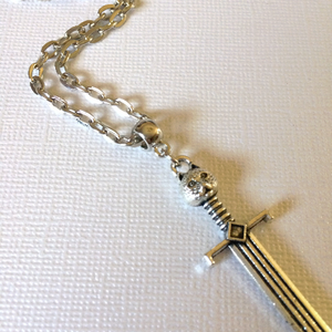 Cat Head Sword Necklace on Silver Cable Chain, Mens Jewelry