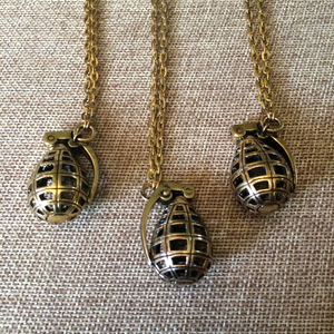 Hollow Grenade Necklace on Antique Gold Cable Chain, Mens Jewelry