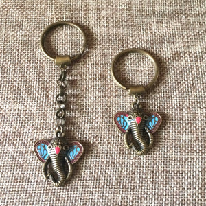 Elephant Keychain, Coral and Turquoise Inlay Pachyderm Key Ring