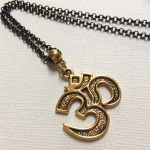 Ohm Aum Necklace - Brass Charm on Gunmetal Rolo Chain - Reiki Zen Yoga Jewelry