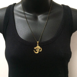 Ohm Aum Necklace - Brass Charm on Gunmetal Rolo Chain - Reiki Zen Yoga Jewelry