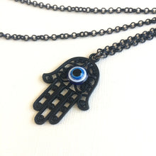 Load image into Gallery viewer, Black Hamsa and Evil Eye Necklace - Mens Hamsa Layering Jewelry
