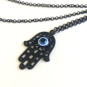 Black Hamsa and Evil Eye Necklace - Mens Hamsa Layering Jewelry