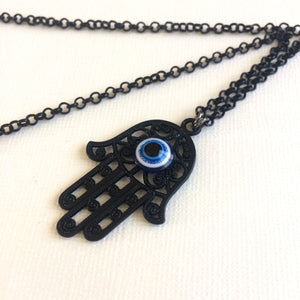 Black Hamsa and Evil Eye Necklace - Mens Hamsa Layering Jewelry