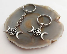 Load image into Gallery viewer, Wiccan Triple Moon Keychain, Pagan Witchcraft Gifts
