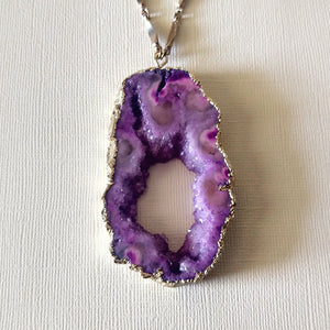 Purple Agate Geode Slice Necklace with Druzy Inclusion - Bohemian Festival Jewelry