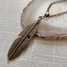 Load image into Gallery viewer, Feather Necklace on Bronze Rolo Chain -  Unisex Bohemian Layering Jewelry

