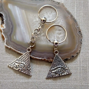 Silver Pyramid Keychain, Egyptian Egypt Eye or Ra Horus,  Backpack or Purse,  Charm Zipper Pull