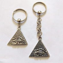 Load image into Gallery viewer, Silver Pyramid Keychain, Egyptian Egypt Eye or Ra Horus,  Backpack or Purse,  Charm Zipper Pull
