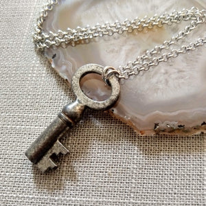 Vintage Skeleton Key Necklace on Silver Rolo Chain, Mens Jewelry