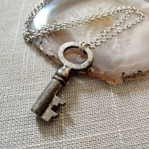 Vintage Skeleton Key Necklace on Silver Rolo Chain, Mens Jewelry