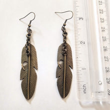 Load image into Gallery viewer, Feather Earrings, Long Dangle Drop Earrings with Bronze French Earwires

