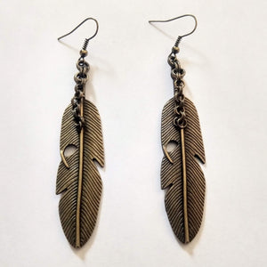 Feather Earrings, Long Dangle Drop Earrings with Bronze French Earwires