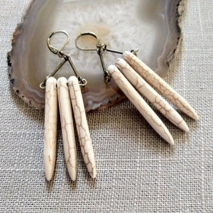 Beige Howlite Stone Earrings - Spike Earrings / Bronze Earrings / Dangle Earrings / Long Earrings / Bohemian Jewelry