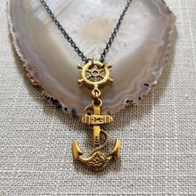 Load image into Gallery viewer, Anchor and Captains Wheel Necklace, Nautical Boating Maritime Jewelry
