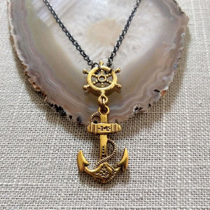 Anchor and Captains Wheel Necklace, Nautical Boating Maritime Jewelry