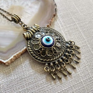 Evil Eye Medallion Necklace - Blue Protection Pendant on Bronze Rolo Chain