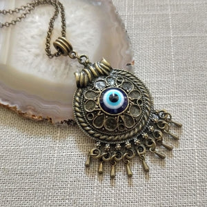 Evil Eye Medallion Necklace - Blue Protection Pendant on Bronze Rolo Chain