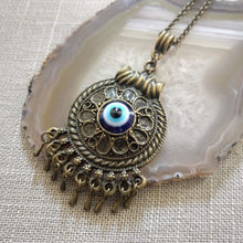Load image into Gallery viewer, Evil Eye Medallion Necklace - Blue Protection Pendant on Bronze Rolo Chain
