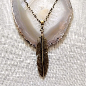 Feather Necklace on Bronze Rolo Chain -  Unisex Bohemian Layering Jewelry