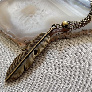 Feather Necklace on Bronze Rolo Chain -  Unisex Bohemian Layering Jewelry