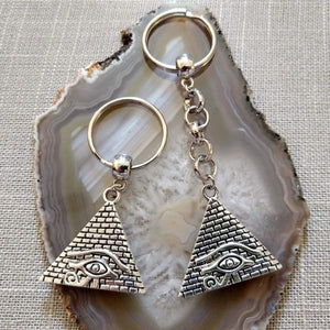 Silver Pyramid Keychain, Egyptian Egypt Eye or Ra Horus,  Backpack or Purse,  Charm Zipper Pull