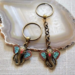 Elephant Keychain, Coral and Turquoise Inlay Pachyderm Key Ring