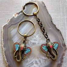 Load image into Gallery viewer, Elephant Keychain, Coral and Turquoise Inlay Pachyderm Key Ring
