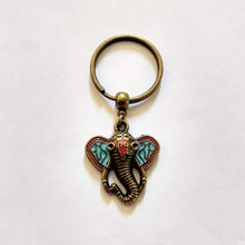 Load image into Gallery viewer, Elephant Keychain, Coral and Turquoise Inlay Pachyderm Key Ring
