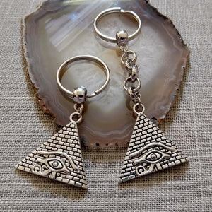 Silver Pyramid Keychain, Egyptian Egypt Eye or Ra Horus,  Backpack or Purse,  Charm Zipper Pull