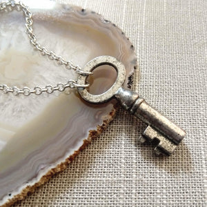 Vintage Skeleton Key Necklace on Silver Rolo Chain, Mens Jewelry