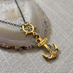 Anchor and Captains Wheel Necklace, Nautical Boating Maritime Jewelry