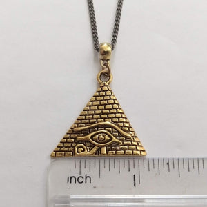 Brass Pyramid Necklace,  Eye of Ra Charm on Thin Gunmetal Chain - Mens Jewelry