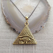 Load image into Gallery viewer, Brass Pyramid Necklace,  Eye of Ra Charm on Thin Gunmetal Chain - Mens Jewelry
