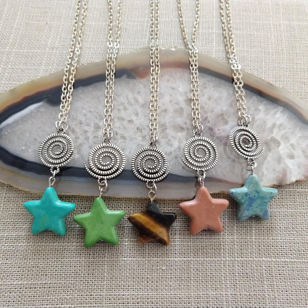 Stars and Spirals Necklace, Stone Stars on Silver Cable Chain, Your Choice of Five