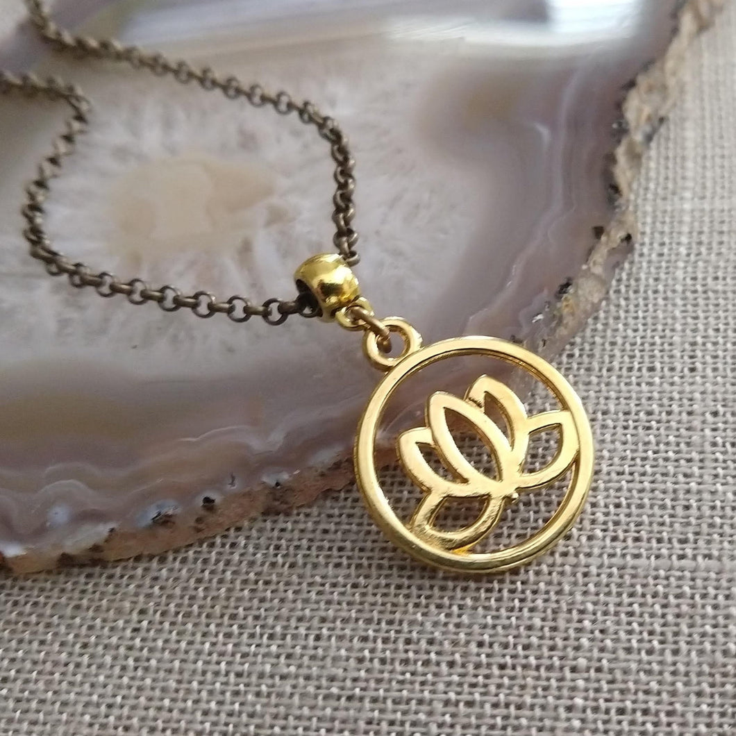 Lotus Flower Necklace, Gold Japanese Lotus Pendant on Bronze Rolo Chain