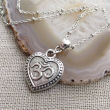 Load image into Gallery viewer, Heart Shaped Ohm Necklace, Aum Yoga Jewelry, Silver Satellite Chain
