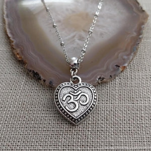 Heart Shaped Ohm Necklace, Aum Yoga Jewelry, Silver Satellite Chain