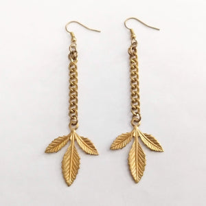 Gold Leaf Earrings, Antique Gold Long Dangle Earrings with Brass Chain