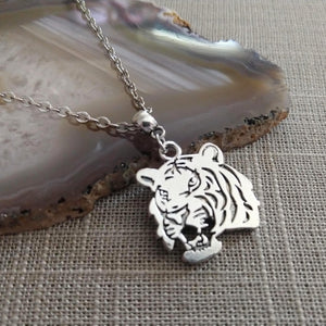 Tiger Necklace, Roaring Cat Pendant on Silver Cable Chain
