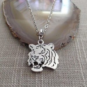 Tiger Necklace, Roaring Cat Pendant on Silver Cable Chain