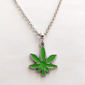 Marijuana Necklace, Green Pot Weed Leaf on Silver Rolo Chain, 420 Stoner Jewelry