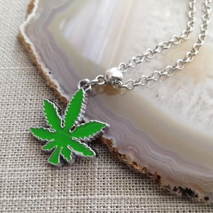 Marijuana Necklace, Green Pot Weed Leaf on Silver Rolo Chain, 420 Stoner Jewelry