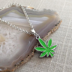 Marijuana Necklace, Green Pot Weed Leaf on Silver Rolo Chain, 420 Stoner Jewelry