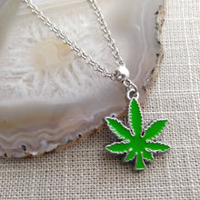 Load image into Gallery viewer, Marijuana Necklace, Green Pot Weed Leaf on Silver Rolo Chain, 420 Stoner Jewelry
