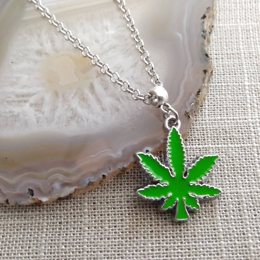 Marijuana Necklace, Green Pot Weed Leaf on Silver Rolo Chain, 420 Stoner Jewelry