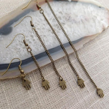 Load image into Gallery viewer, Tiny Hamsa Earrings - Dangle Drop Chain Earrings in Your Choice of Five Lengths
