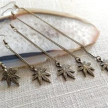 Load image into Gallery viewer, Marijuana Leaf Earrings - Bronze Dangle Drop Chain Earrings in Your Choice of Five Lengths
