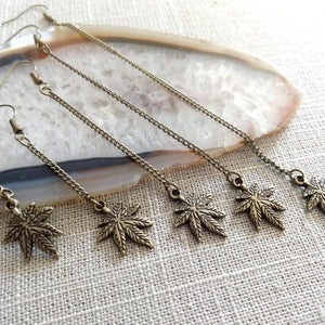 Marijuana Leaf Earrings - Bronze Dangle Drop Chain Earrings in Your Choice of Five Lengths